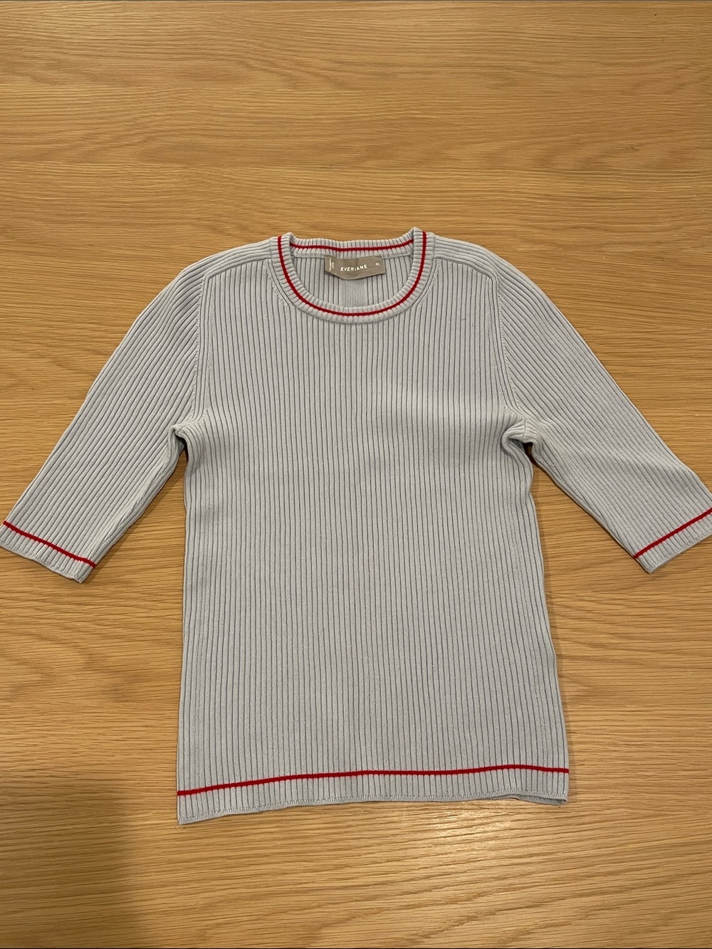 Light Blue Ribbed Short-Sleeve Sweater with Red Trim